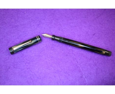 A Parker Lucky Curve True Blue button fill fountain pen with two narrow bands to cap having a Parker Duofold N nib. Approx 13
