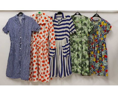 Circa 1950-60s Printed Cotton Day Dresses, comprising a Florence Garment short sleeved dress with button fastening printed wi