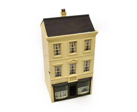 Large Modern 1/12th Scale Georgian Style Dolls House and Shop, cream painted, front opening enclosing three rooms, the ground