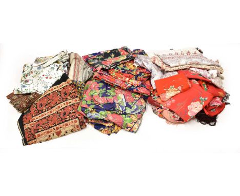 Assorted Lengths of Chinese Revolution Printed Fabrics, mainly in coloured cotton floral designs; Large Pink Chinese Embroide