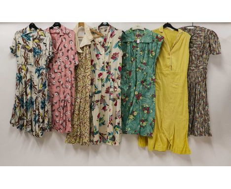 Circa 1950-60s Cotton Day Dresses, comprising a Beech Tree green and white patterned shirt dress with short sleeves; straples