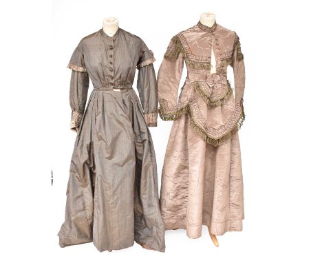 A 19th Century Caramel Moire Silk Dress, with long sleeves, gathered trims to the neck, bodice, shoulders and cuffs, detachab