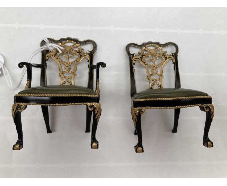 Set of Six John Hodgson Dolls House 1/12 Scale Chippendale Style Dining Chairs, in black and gold with claw and ball feet, dr