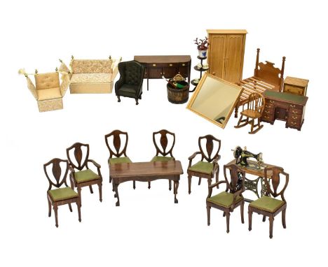 Modern 1/12th Scale Dolls House Furniture and Accessories, comprising bow front side board, six shield back chairs with gilt 