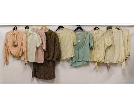 Circa 1950-60s Ladies Jackets and Blouses, comprising a pink knitted top with button detail, a similar long sleeved cardigan 