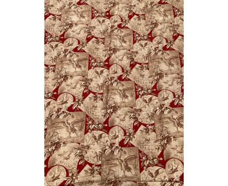 19th Century French Toile Curtains Printed with Birds, comprising a pair of curtains with self striped light brown lining 190
