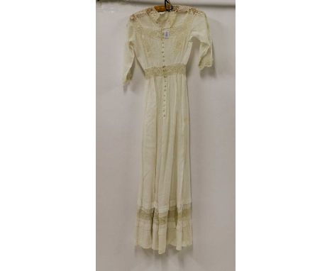 Early 20th Century White Cotton Dress with three quarter length sleeves, crochet buttons to the front, Irish lace inserts of 