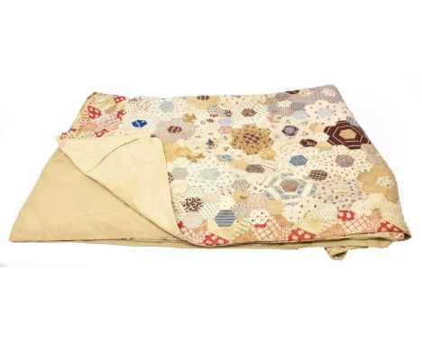 Large Early 19th Century Hexagonal Patchwork Cover, with large central flower head, incorporating floral, striped and decorat