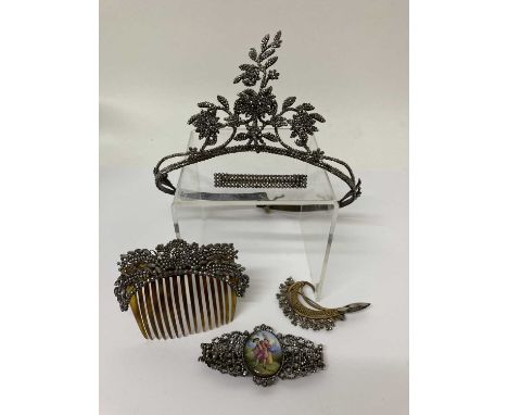 19th Century and Later Cut Steel Jewellery, comprising a decorative tiara with rotating flower heads (a.f.); a hair comb with