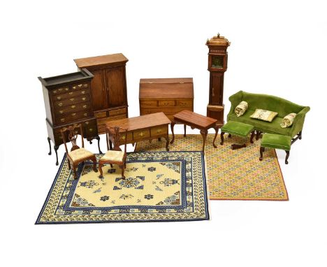 Modern Dolls House 1/12th Scale Georgian Style Furniture and Accessories, comprising a linen chest, tall boy chest on stand, 