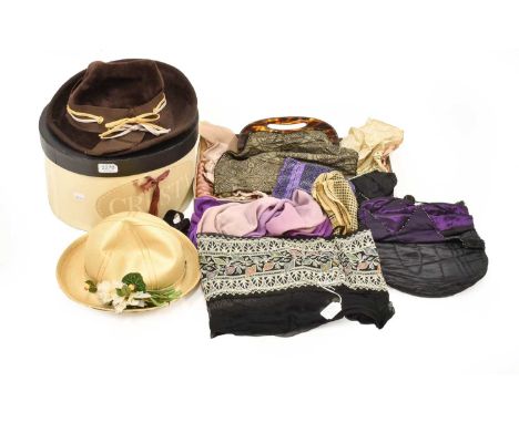 Assorted 20th Century Costume Accessories, comprising a circa 1920s purple and blue beaded drawstring bag; Chinese style silv