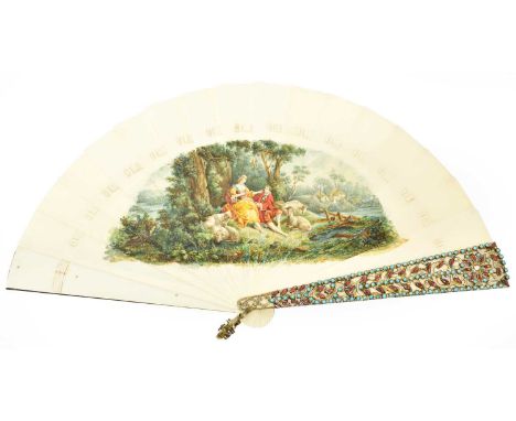 Circa 1870 Austrian Ivory Brise Fan, the guard sticks mounted with enamelled gilt metal depicting scrolling branches, inlaid 