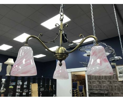 PAIR OF ART DECO STAINED GLASS WALL LIGHTSeach with a swallow motif; along with an early twentieth century ceiling light with