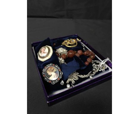 LOT OF BIJOUTERIE including Dior paste necklace, pinchbeck brooch, two portrait miniature brooches and a bead necklace