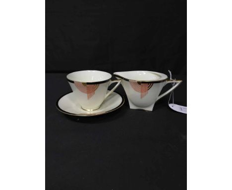 ROYAL DOULTON ART DECO 'TANGO' PATTERN TEA SERVICE comprising sugar, cream, cake plate, four cups, four saucers and four side