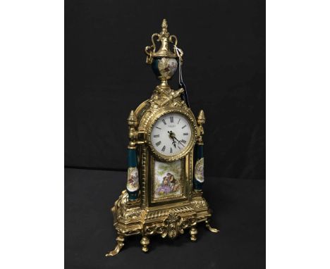 REPRODUCTION CERAMIC AND BRASS CLOCK GARNITUREthe dial named Robert Grant of London