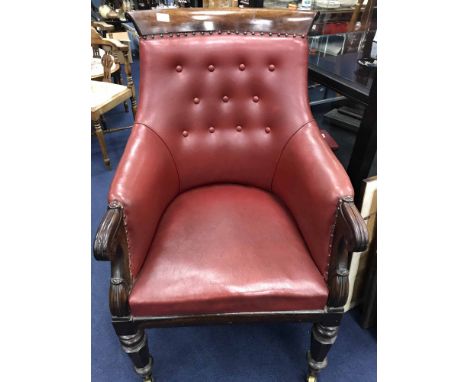QUEEN ANNE RED LEATHER BUTTON BACKED LIBRARY ARMCHAIR