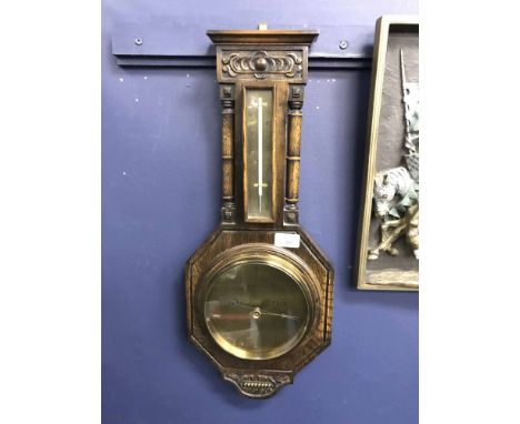 WHEEL BAROMETER AND THERMOMETER BY WALKER AND HALLcontained in an oak case