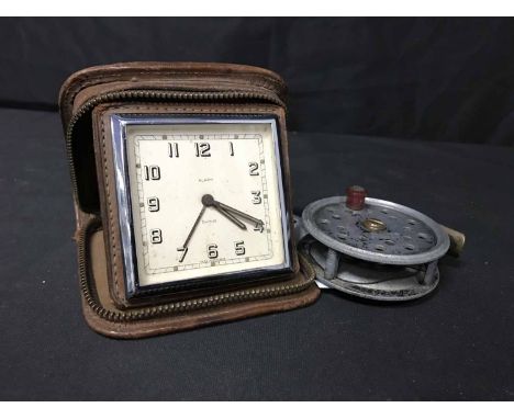 VINTAGE FISHING REELS BY Wm DODDS, PEEBLESalong with a Smiths travel clock (2) 