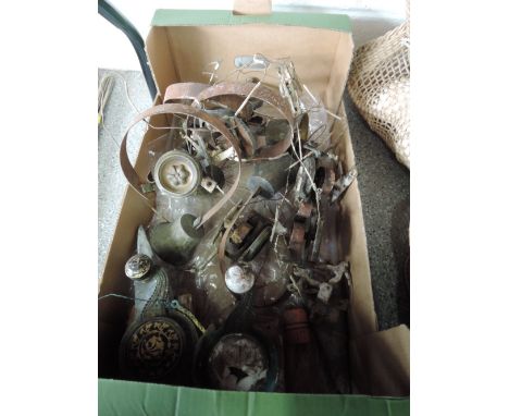 A box of vintage service bells and mechanical bell pulls with ceramic decoration (one A/F)