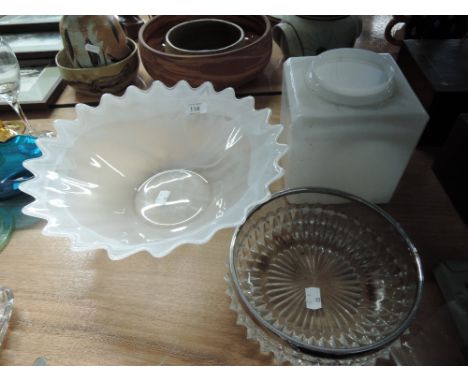 An art glass bowl, a cubic light shade and bowl