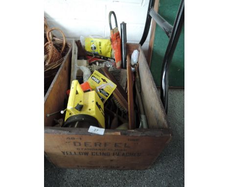 A wooden fruit box Derfel yellow cling peaches, containing vintage tools and brushes