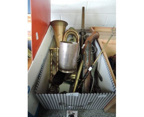 A selection of brass and copper including bugle, replica pistol, Salter spring balance etc