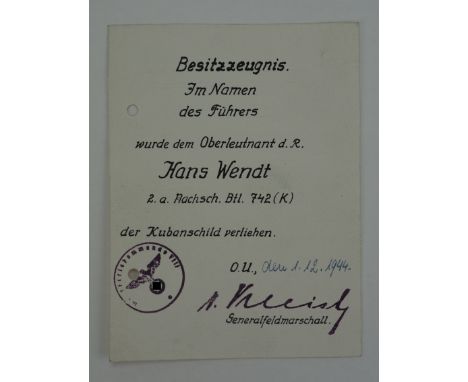 Kubanschild Urkunde für einen Oberleutnant d.R. der 2. a. Nachsch. Btl. 742 (K).Kleinformat, gelocht, ausgestellt den 1.12.19