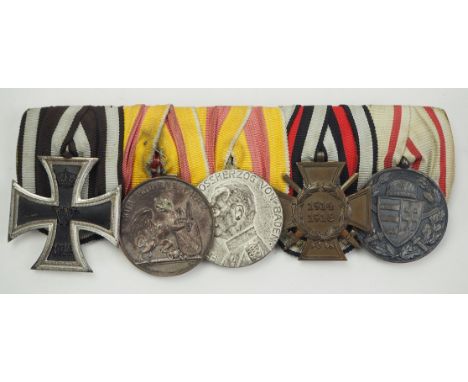 Baden: Ordenschnalle eines tapferen Frontsoldaten mit 5 Auszeichnungen.1.) Preussen: Eisernes Kreuz, 1914, 2. Klasse, 2.) Bad