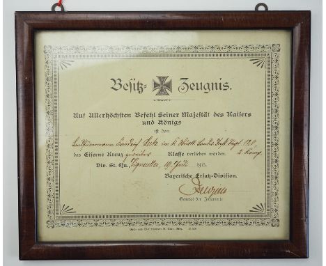 Preussen: Eisernes Kreuz, 1914, 2. Klasse Urkunde für einen Landsturmmann im K. Württ. Landst. Inf. Regt. 120.Vordruck, ausge