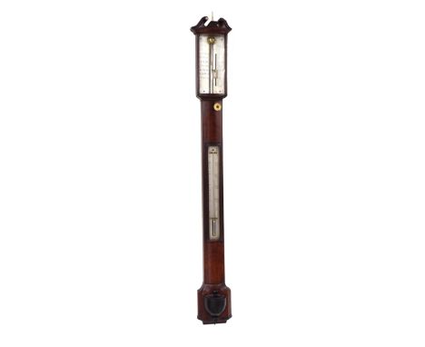 Mahogany bow fronted stick barometer and thermometer, the silvered scale signed J. Irvine, London over a bow fronted case fit