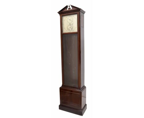 Good mahogany regulator longcase clock, the 12" square silvered dial with outer seconds chapter ring enclosing subsidiary min