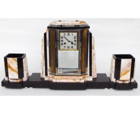 Art Deco black and white marble veined two train mantel clock garniture, the movement with outside countwheel striking on a b