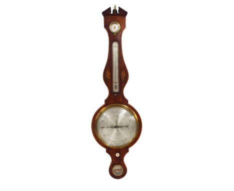 Good mahogany inlaid four glass 10" wheel barometer signed John Comoli, Newcastle, within a shaped boxwood banded case inlaid