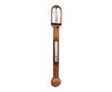 Mahogany stick barometer/thermometer, the ivory scale signed Negretti &amp; Zambra, Opticians, London, over a flat trunk fitt