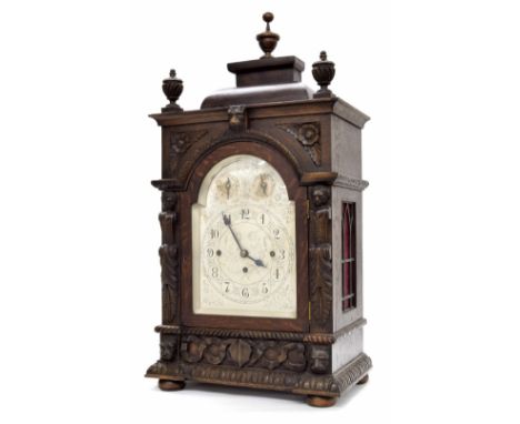 Oak three train fusee boardroom clock, the 7.5" foliate engraved silvered arched dial with chime/silent and chime on eight be