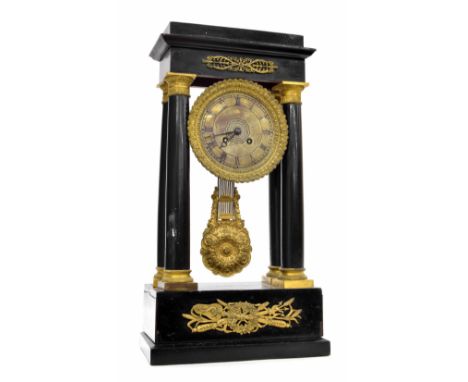 French ebonised and gilt metal mounted two train portico mantel clock striking on a bell, 18.5" high (pendulum)