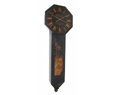 Black lacquer and gilt painted single weight tavern clock, the 25.25" octagonal dial signed R. Griffith, Denbigh 1799 over th