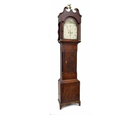 Mahogany eight day longcase clock, the 13" painted arched dial signed Samuel Polak, with subsidiary seconds dial and calendar