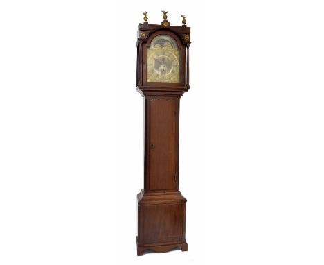 Mahogany longcase clock, the regulator movement with maintaining power and deadbeat escapement, the 13.25" brass arched dial 