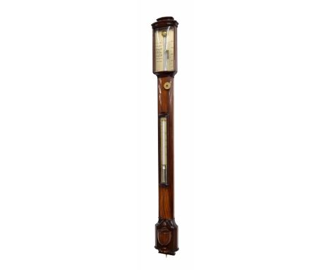 Good mahogany bowfront stick barometer/thermometer, the silvered scale over the trunk inlaid with ebony lines to the hemisphe