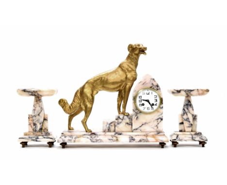 French Art Deco coloured marble two train figural mantel clock garniture, the Marti movement striking on a bell, the 3.5" whi