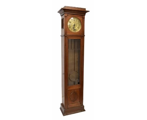 Walnut three train longcase clock, the 10" circular brass dial over a long bevelled glazed door and surmounted by a stepped m