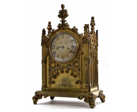 Gothic brass double fusee bracket clock striking on a gong, the 6" convex silvered dial signed Jefferies &amp; Price, Bristol