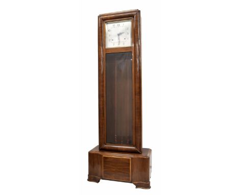 Walnut Art Deco three train longcase clock, the 10.5" square silvered dial within a glazed case upon a shaped plinth, 75" hig