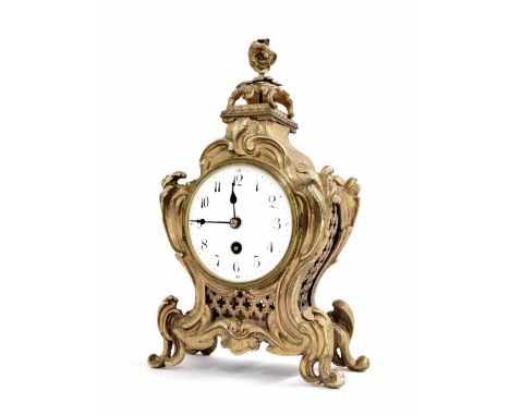 French ormolu mantel clock timepiece, the Japy Freres movement and 4" porcelain white dial within an ornate rococo style case
