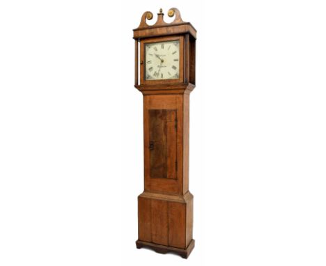 Oak longcase clock with battery movement, the 11" square painted dial signed George Lowe, Gloucester, the case with short doo