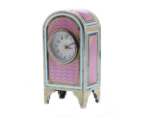 Fine silver and guillouche enamel miniature clock, the rose enamelled front and sides within blue enamel lined borders, inscr