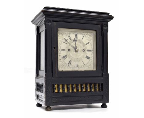 Arts &amp; Crafts style ebonised double fusee bracket clock striking on a gong, the 5.5" square silvered foliate engraved dia