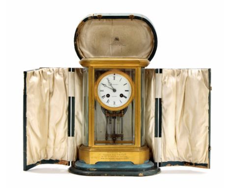 French ormolu four glass two train mantel clock, the 3.75" white dial inscribed Edward &amp; Sons, Glasgow, the Japy Freres m
